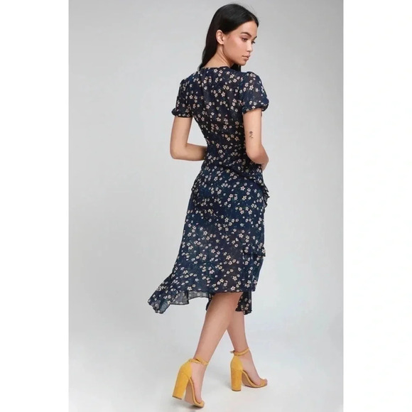 Lulus Petals and Poetry Navy Blue Floral Print Ruffled Midi Dress Size Small - Picture 2 of 14